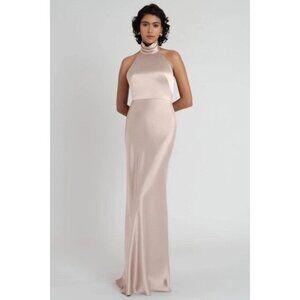 Jenny Yoo Blush Pink Satin Halter Neck Backless Women's Maxi Dress Size 6 gown